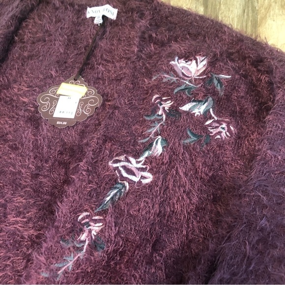 NWT Knox Rose Wine Purple Embroidered Open Fuzzy Cardigan Sweater Womens Size XL - Picture 5 of 12